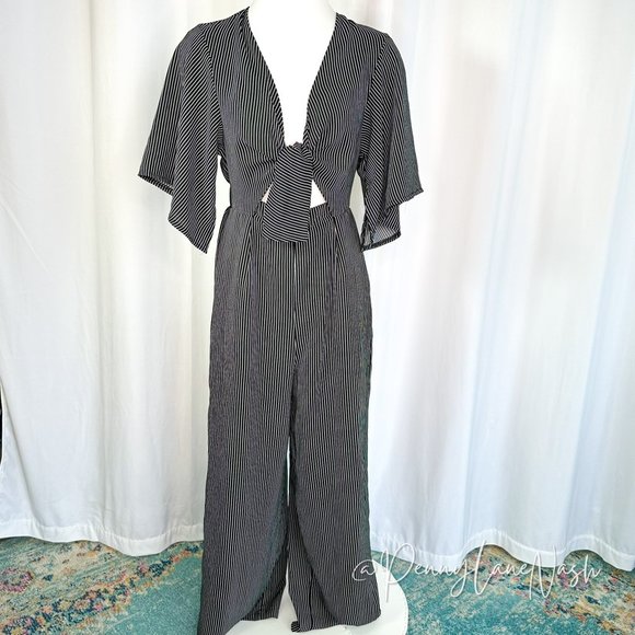 Rumor Pinstriped Tie Front Wide Leg Jumpsuit - Picture 1 of 9